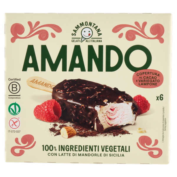 Sammontana Amando 6 Stecchi Gelato alla Vaniglia, Variegato al Lampone con Copertura al Cacao 6x53g