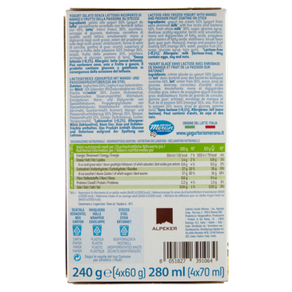 Yogurteria Frozen Yogurt Mango Passion Fruit Stecchi 4 x 60 g