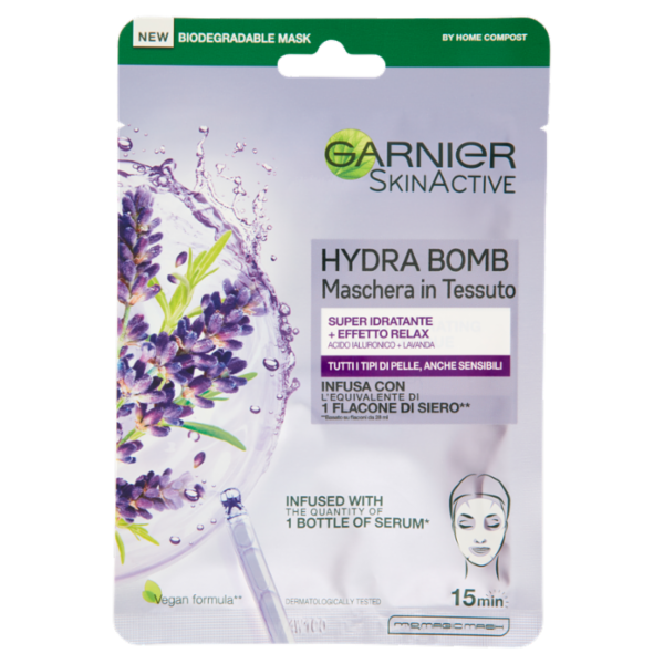 Garnier Maschera in Tessuto SkinActive Hydra Bomb Lavanda, Formula Super Idratante Effetto Relax 28g