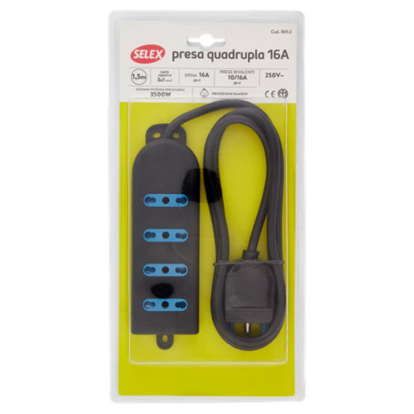 Selex Presa Multipla 4 Uscite 10/16A(Ita) + Spina 16A e Cavo Nero 1,5m