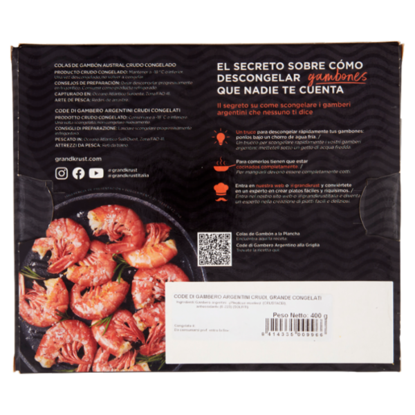 Grand Krust Code di Gambero Argentini Crudi Congelati Pezzatura Grande 400 g