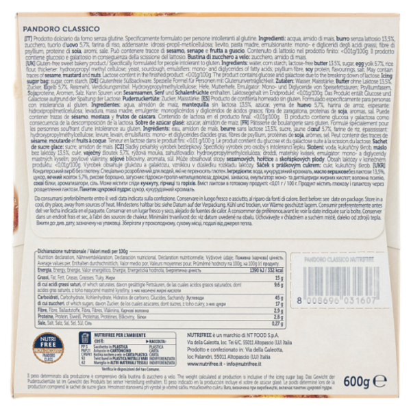 Nutrifree Pandoro Classico Senza glutine Senza Lattosio 600 g