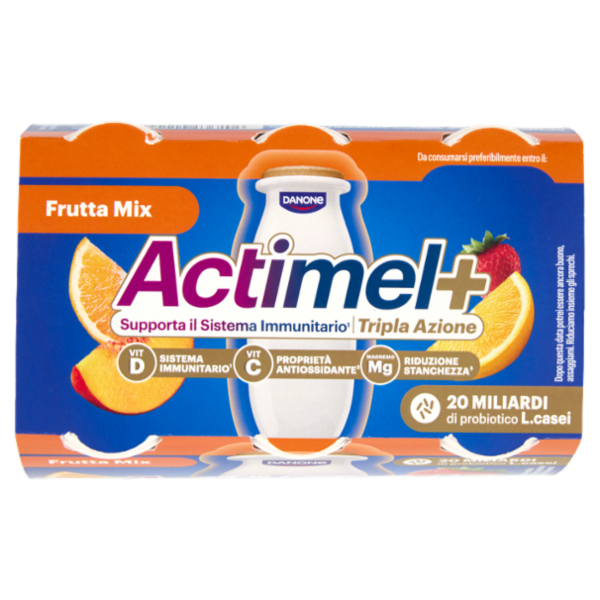 ACTIMEL Tripla Azione, Yogurt da Bere con Vitamine C, D e Magnesio, gusto Frutta mix, 6x100g