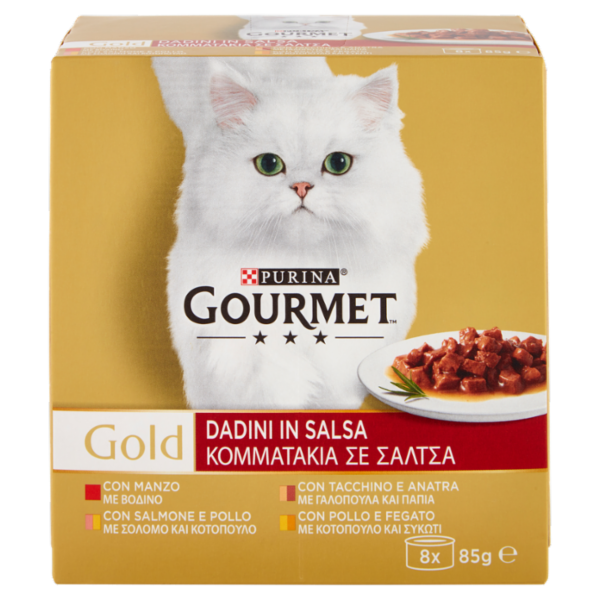 PURINA GOURMET Gold Dadini in Salsa Manzo/Salmone & Pollo/Tacchino & Anatra/Pollo & Fegato 8 x 85 g