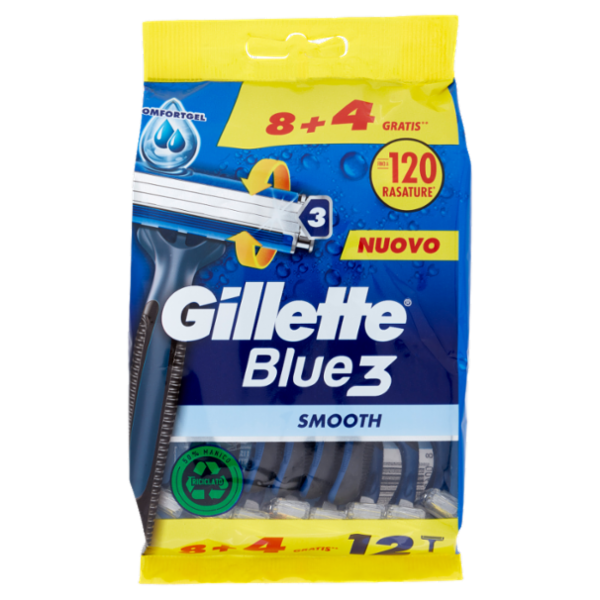 Gillette Rasoio Uomo Blue3 Smooth Usa e Getta a 3 Lame, Confezione da 8 rasoi + 4 Gratis = 12 Rasoi