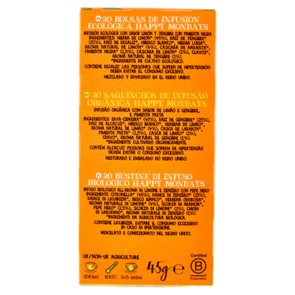 CUPPER Happy Mondays Infuso Bio con Limone, Zenzero e Pepe Nero, Tisana Speziata, 20 Bustine 45 g