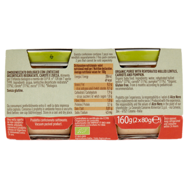 alce nero Omogeneizzato di Lenticchie, Carote e Zucca 2 x 80 g