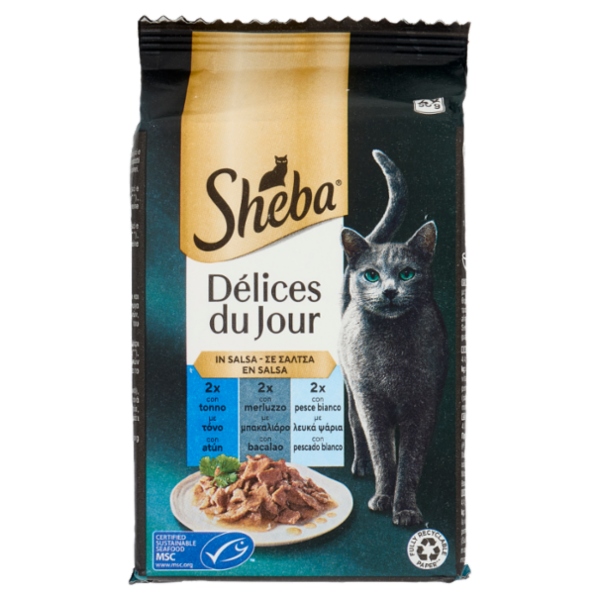 Sheba Délices du Jour Cibo Umido Gatto in Salsa con Tonno, Merluzzo e pesce bianco 6 x 50 g