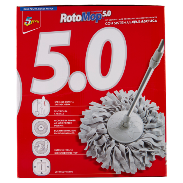 Super5 RotoMop 5.0 Kit Secchio + Mop con Frange in Microfibra Power con Sistema Lava & Asciuga