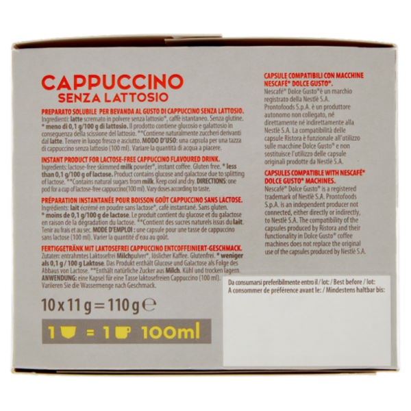 ristora Cappuccino Senza Lattosio Capsule Compatibili con macchine Nescafè Dolce Gusto 10 x 11 g
