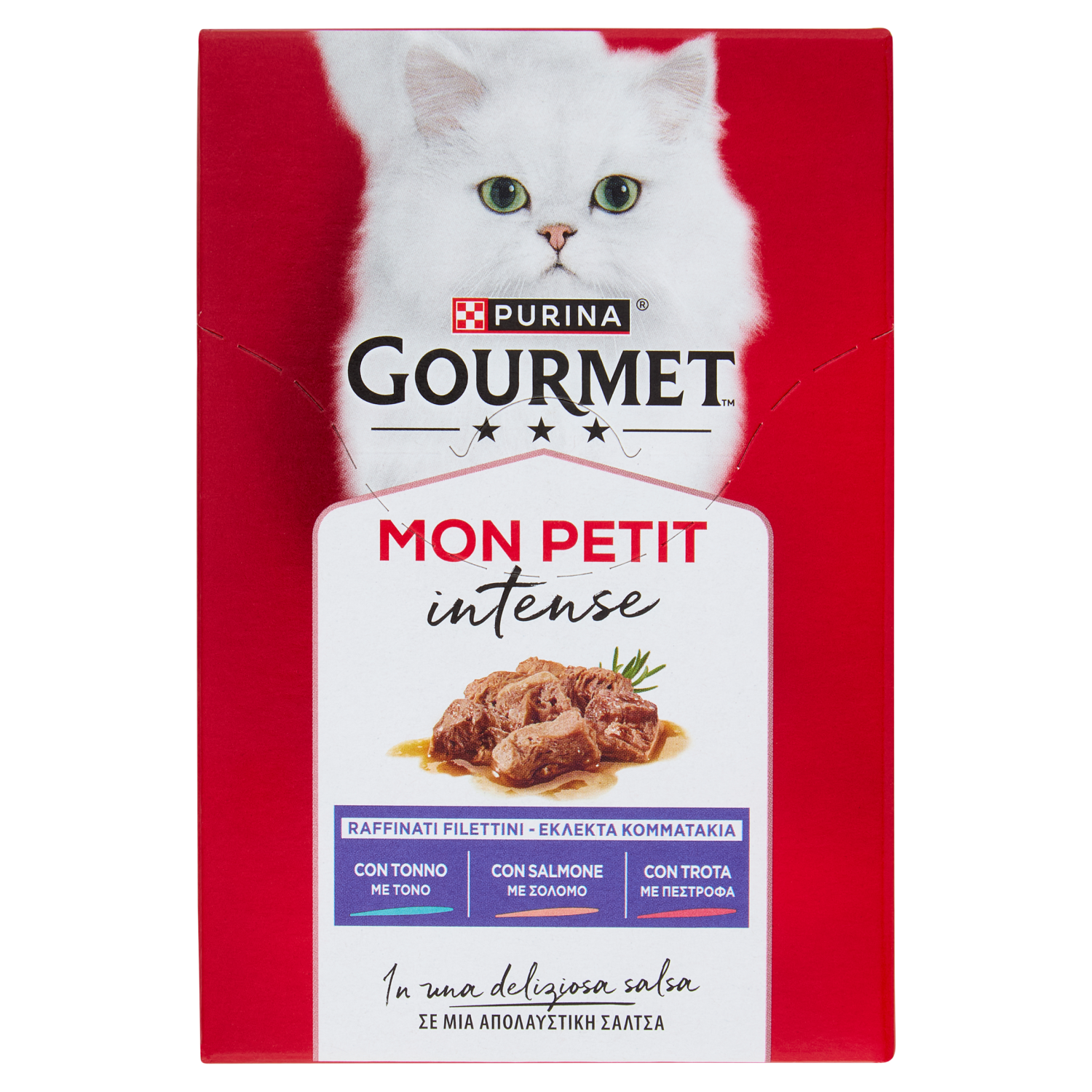 PURINA GOURMET Mon Petit Filettini Intense Cotti In Salsa Tonno, Salmone, Trota 6x50g