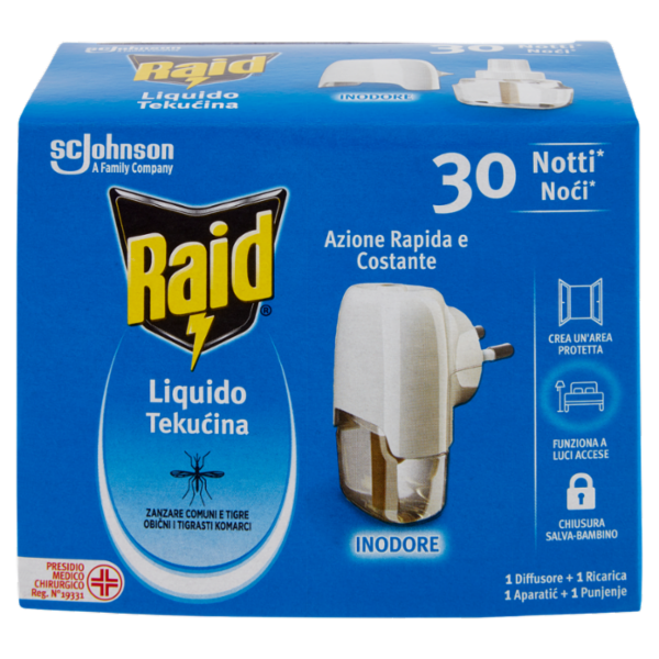 Raid Liquido Elettrico Antizanzare Contro Zanzare, 1 Base e 1 Ricarica 21 ml, 30 Notti