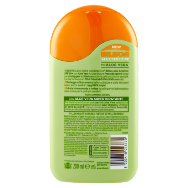Bilboa Aloe Sensitive Pelli Sensibili 50⁺ Molto Alta con Aloe Vera 200 ml