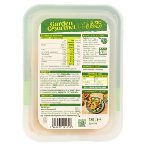 GARDEN GOURMET Cotoletta di Spinaci Vegetariana con Riso e Formaggio 2 pezzi 180g