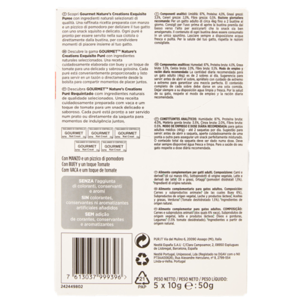 PURINA GOURMET Snack gatto Nature's Creations Exquisite Puree con Manzo e Pomodoro Multipack 5x10g