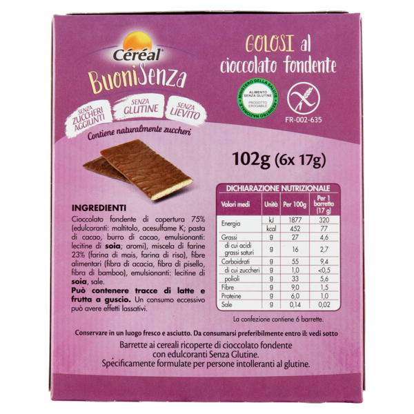 Céréal, Crackers BuoniSenza Golosi al cioccolato fondente, senza glutine, senza lievito - 6 x 17 g