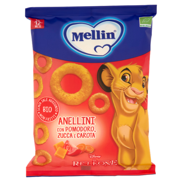 MELLIN Merenda Biologica Re Leone Simba, Anellini con Pomod, Zucca e Carota, adatto dai 12 mesi,15g