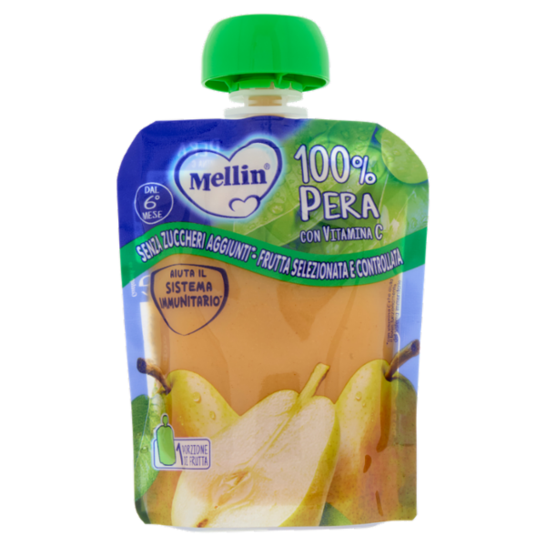 MELLIN Merenda di Frutta 100% con Vitamina C, Pera, a partire dal 6° mese, Pouch 90 g