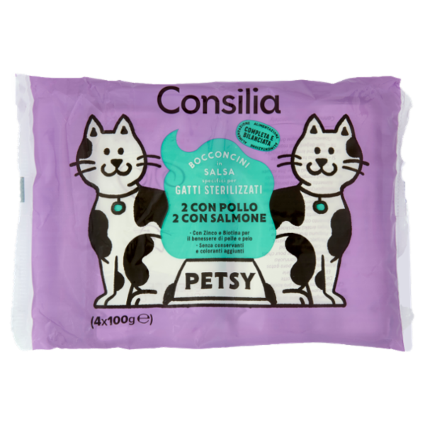 Consilia Petsy Gatto Sterilizzato Bocconcini in Salsa 2 con Pollo e 2 con Salmone 4x100 g