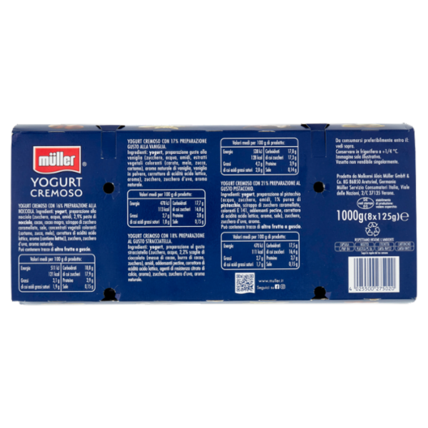 müller Yogurt Cremoso Nocciola, Vaniglia, Stracciatella, Pistacchio 8 x 125 g