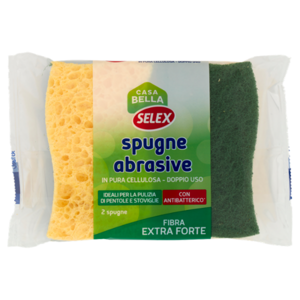 Selex Casa Bella Spugne Abrasive in Pura Cellulosa Doppio Uso con Antibatterico 2 pezzi