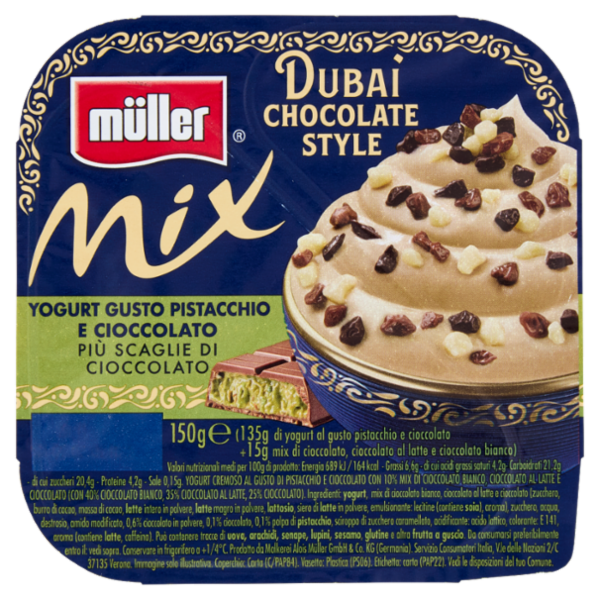 müller Mix Dubai Chocolate Style Yogurt Gusto Pistacchio e Cioccolato Più Scaglie di Cioccolato 150g