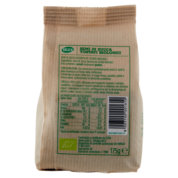 Selex Semi di Zucca Decorticati Tostati Biologici 175 g