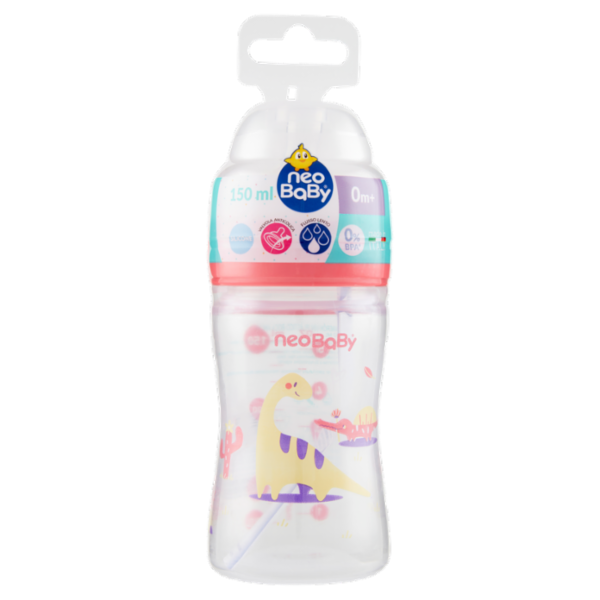 neo Baby Biberon Plastica Collo Largo 150 ml 0m+ Dino Rosa