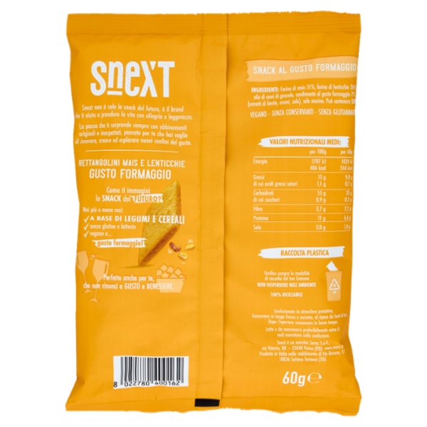 Snext Rettangolini Mais e Lenticchie Gusto Formaggio 60 g