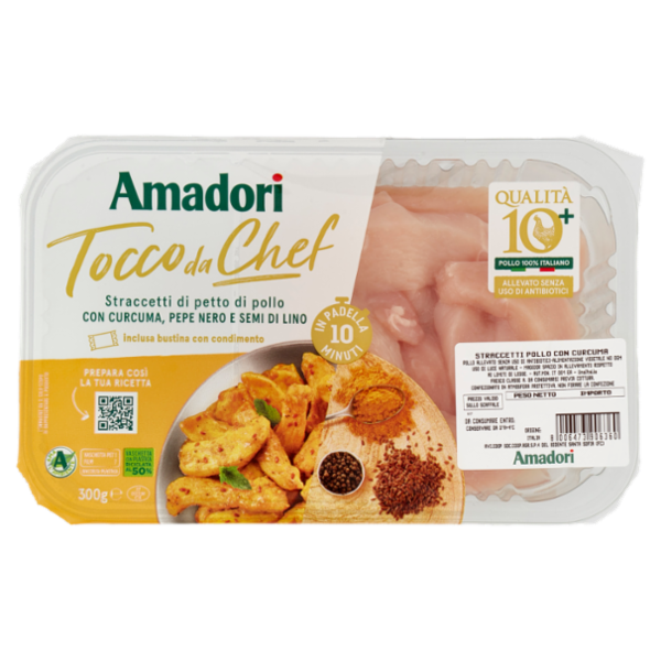Amadori Qualità 10+ Straccetti di petto di pollo con Curcuma, Pepe Nero e Semi di Lino 0,300 kg
