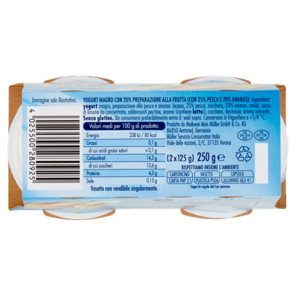 müller Yogurt Zero% Grassi Ananas&Pesca in Pezzi 2 x 125 g