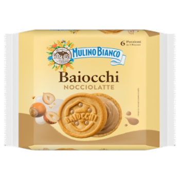Mulino Bianco Baiocchi Snack Biscotti Farciti Con Crema Nocciole e Latte 6 Porzioni 168g