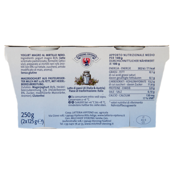 Sterzing Vipiteno 0,1% Grassi Yogurt Magro al Mirtillo Nero 2 x 125 g