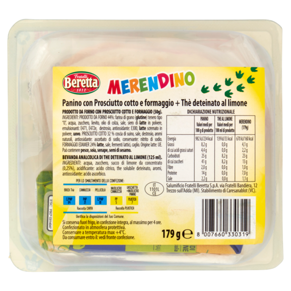 Fratelli Beretta Merendino Panino con Prosciutto Cotto e Formaggio + Thè al Limone Deteinato 179 g