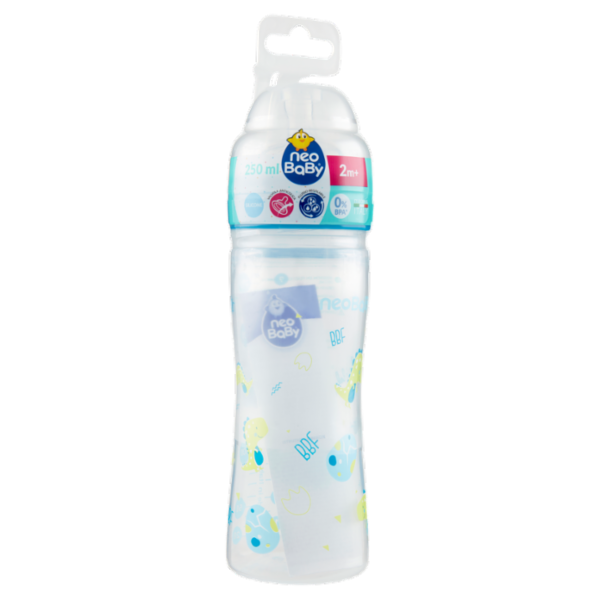 neo Baby Biberon Plastica Collo Largo 250 ml 2m+ Dino Blu