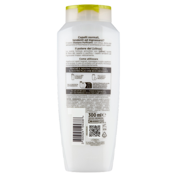 Elvive Energizzante Shampoo Purificante, per Capelli Normali, Tendenti ad Ingrassarsi, 300 ml