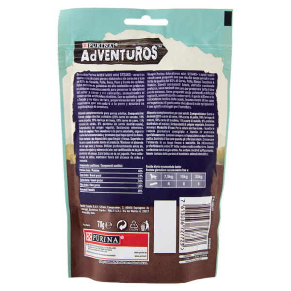 PURINA ADVENTUROS Mini Steaks Cervo, Pollo, Manzo, Tacchino & Maiale 70 g