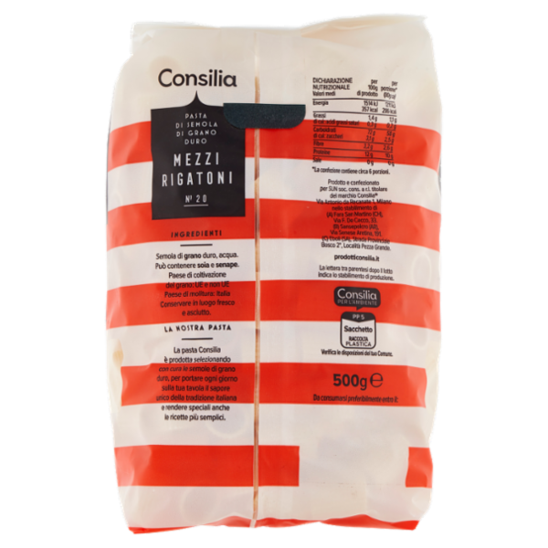 Consilia Pasta di Semola Trafilata al Bronzo Mezzi Rigatoni 500 g