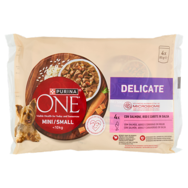 PURINA ONE Mini/Small Delicate con Salmone, Riso e Carote in Salsa 4 x 85g