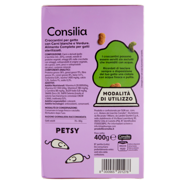Consilia Petsy Gatto Sterilizzato Croccantini con Carni Bianche e Verdure 400 g