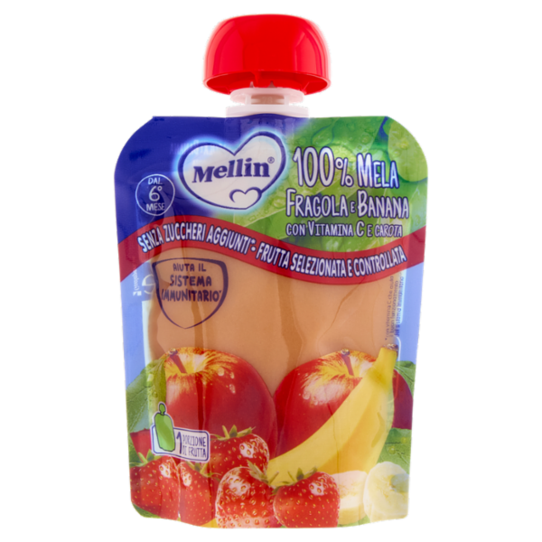 MELLIN Merenda di Frutta 100% con Carota e Vit C, Mela Fragola e Banana, dal 6° mese, Pouch 90 g