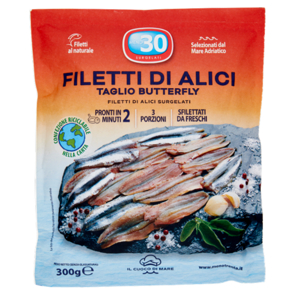 Meno 30 Il Cuoco di Mare Filetti di Alici Surgelati Taglio Butterfly 300 g