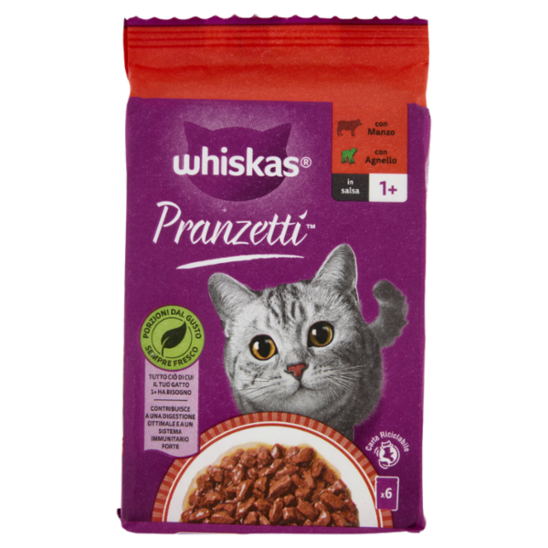 Whiskas Pranzetti Cibo Umido Gatto con Manzo e Agnello in Salsa 6x50g