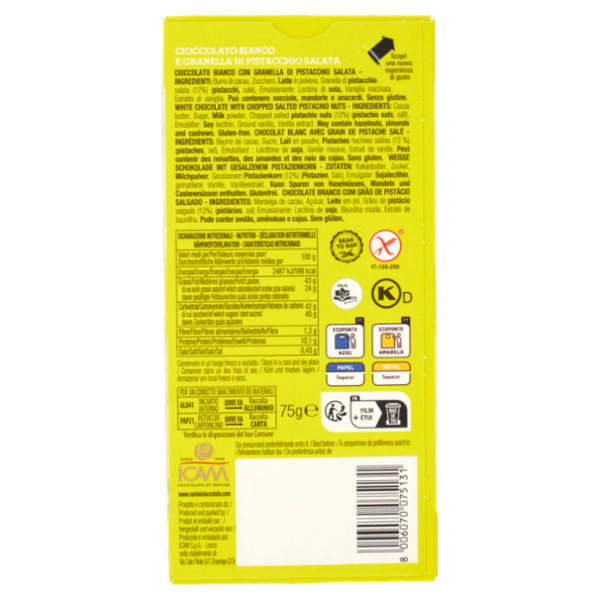 Vanini Tasting Experience Cioccolato Bianco e Granella di Pistacchio Salata 75 g
