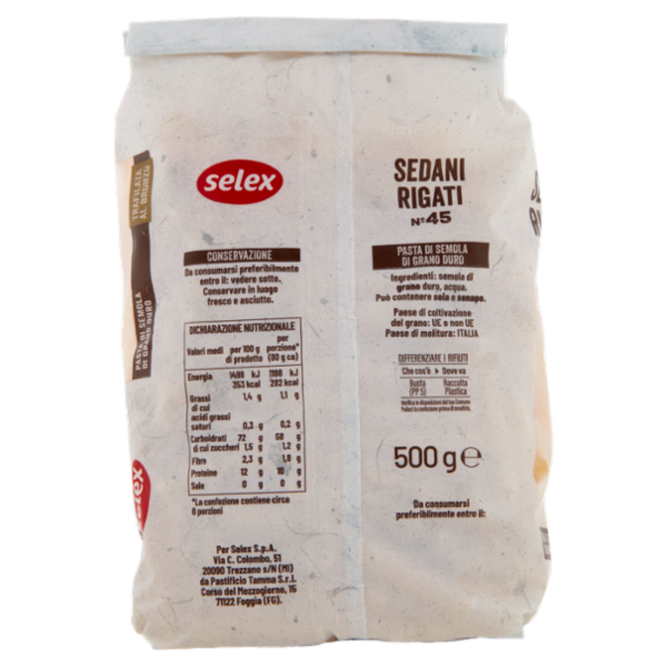 Selex Pasta di Semola Trafilata al Bronzo Sedani Rigati 500 g