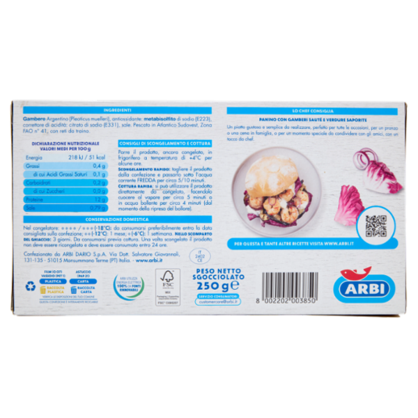 Arbi Gamberi Argentini Sgusciati Congelati Pezzatura XXL 250 g