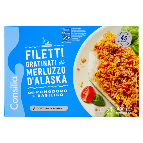 Consilia Filetti di Merluzzo D'Alaska Gratinati con Pomodoro e Basilico Surgelati 400 g