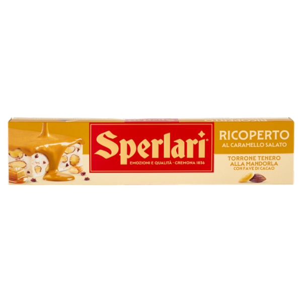 Sperlari Ricoperto al Caramello Salato Torrone Tenero alla Mandorla con Fave di Cacao 200 g