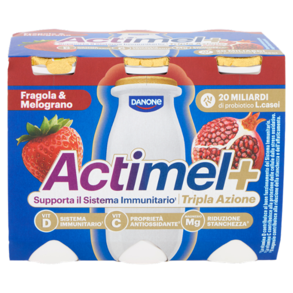 ACTIMEL Tripla Azione, Yogurt da Bere con Vit D e C e Magnesio, gusto Fragola&Melograno,6x100G