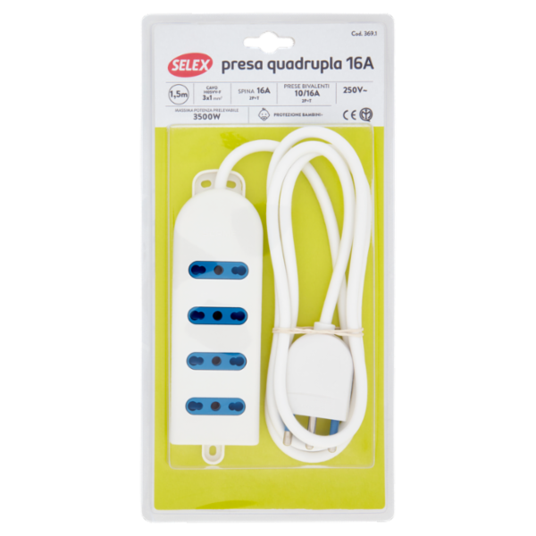 Selex Presa Multipla 4 Uscite Bivalenti + Spina 16A e Cavo Bianco 1,5 m